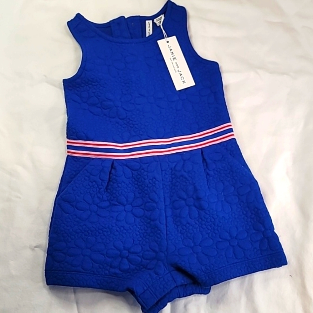 *NWT* Janie and Jack Royal blue floral pattern Romper w/Pink, red & blue band